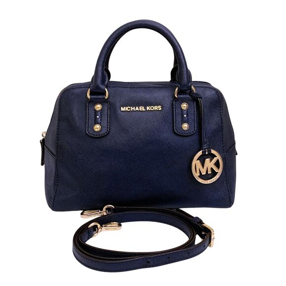 Michael Kors Handbags - Michael Kors Saffiano Leather Satchel Crossbody Navy Gold MK Charm